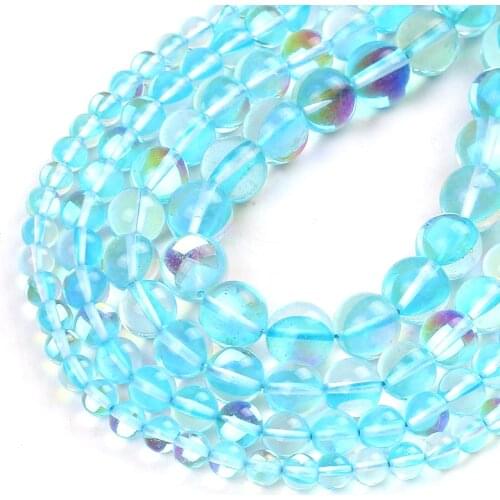 Round Clear Sky Blue Flash Crystal Glass MoonStone Glitter Loose Beads For Jewelry Making DIY Charms Bracelet 15''6/8/10/12mm