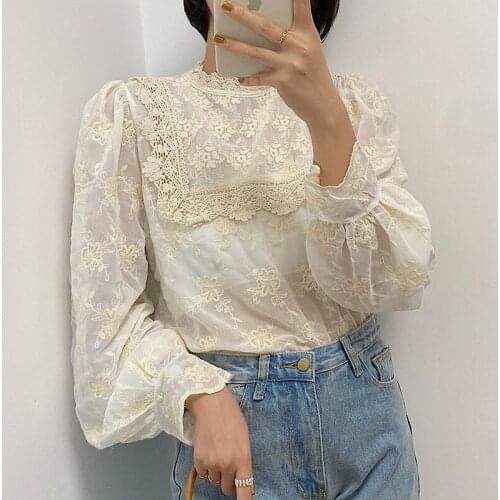 Sweet Lace Blouse Loose Long Sleeve Top Womens Vintage Hollow Flower Stand Collar Shirt Korean Fashion Women Blusas Mujer 16799