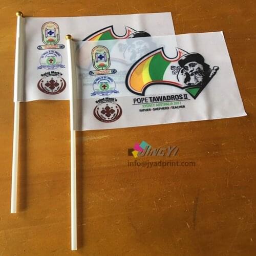 Cheap Custom Made Promotional Hand Polyester Event Flags with Stick, 14X21CM Individual LOGO flag with 30CM pole
