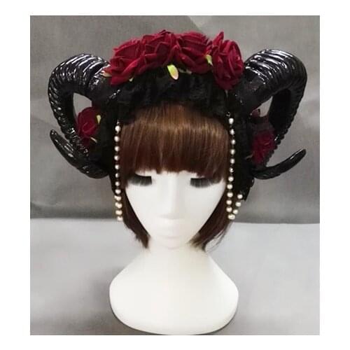 Manual Aries Roses Flowers Lace Chain Sheep Horn Ear Hair Hoop Forest Animal Photography Exhibition Cosplay Headband Accessories