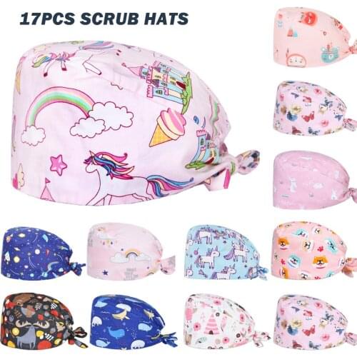 Wholesale Scrubs Caps 100% Cotton Anime Print Adjustable Nursing Hats Beauty Salon Pet Shop Working Accessories Women Scrub Cap