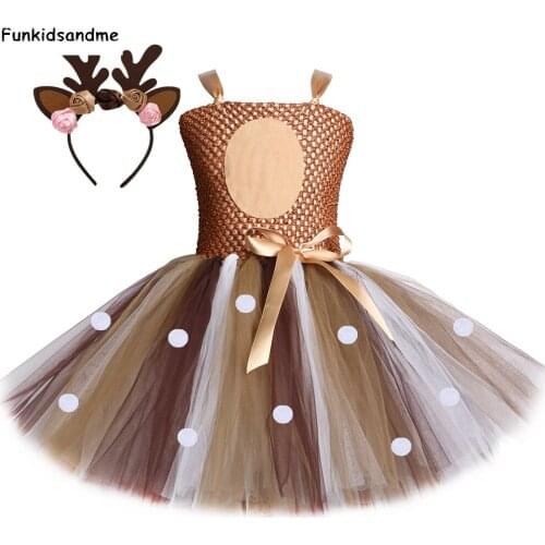 Girls Deer Tutu Dress Kids Birthday Party Dresses for Girls Christmas Halloween Purim Festival Elk Deer Costume with Headband