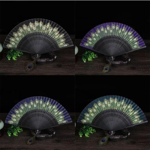 Chinese Style Peacock Patterned Hand Fans Vintage Imitation Silk Handheld Folding Fan with Bamboo Frame for Dancing