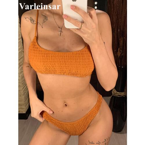 New Sexy Neon Green Wrinkled Bikini 2021 Female Swimsuit Women Swimwear Two-pieces Bikini set Bather Bathing Suit Swim V713