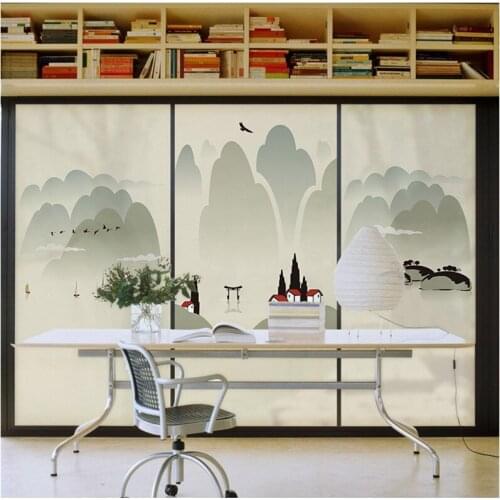 Waterproof Window Film China Ink Painting River Home Frosted Opaque Static Privacy Balcony Bathroom Decals Glass Sticker New