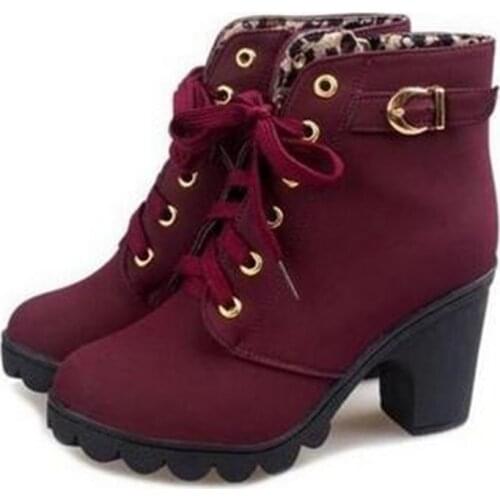 Women Ankle Boots High Heels Pumps Winter Autumn Platform Lace Up Casual Shoes Round Toe Fashion Comfortable Plus Size 35-42