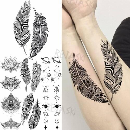 3D Small Black Feathers Temporary Tattoos For Women Adult Lotus Pendant Planet Moon Fake Tattoo Sticker Body Art Washable Tatoos
