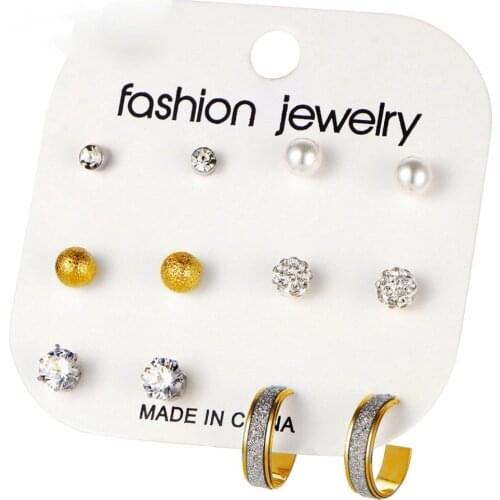 6Pair Trendy Vintage Frosted Ball Crystal Stud Earrings Korean Style Charm Simulated Pearl Earring For Ladies Girls Gold Jewelry