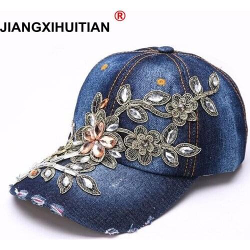 Womens Baseball Cap Diamond Painting Embroidery Flower Denim Snapback Hats Jeans Woman Female Cap Cowboy Summer Sun Hat