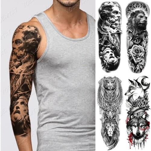 Large Arm Sleeve Tattoo Sculpture Angel Warrior Lion Waterproof Temporary Tatto Sticker Fox Body Art Full Fake Tatoo Women Men
