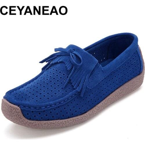 CEYANEAOWomens Flats Summer Leather Loafers Casual Shoes Lady Driving Flat Moccasins Lace Up Round Toe Chaussure Femme