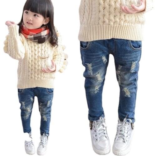 Girls' Jeans Spring and Autumn New Hole Childrens Babies Make Old Pants Tide Korean Jeans Ripped Kids 2-5 6 7 8 9 10 11 12 Ages
