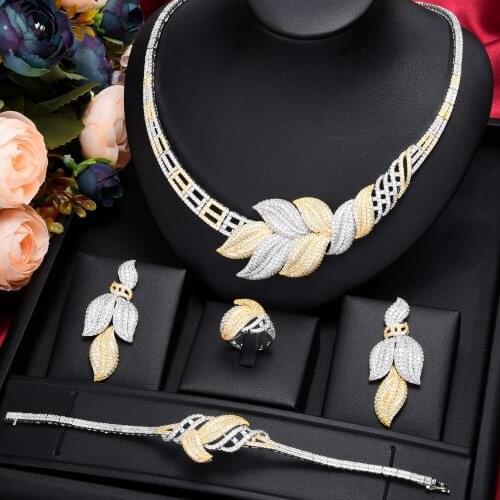 Kellybola Jewel 2021 Dubai High Quality Luxury Full Cubic Zirconia Feather Jewelry 4PCS Set Female Elegant Jewelry Accessories