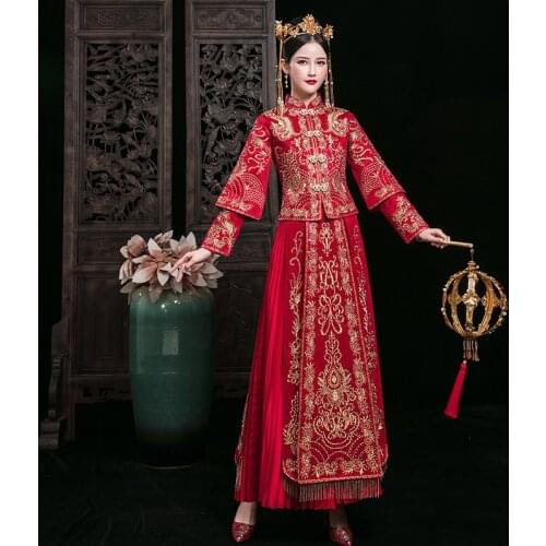 Red Royal Phoenix Embroidery Bride Wedding Cheongsam Costume Vintage Chinese Traditional Formal Dress Tang Suit Qipao