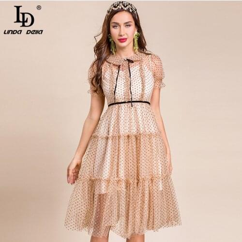 LD LINDA DELLA New 2021 Summer Runway Mesh Dress Womens Peter pan Collar Puff sleeve Flocking Polka dot Sexy Club Party Dress