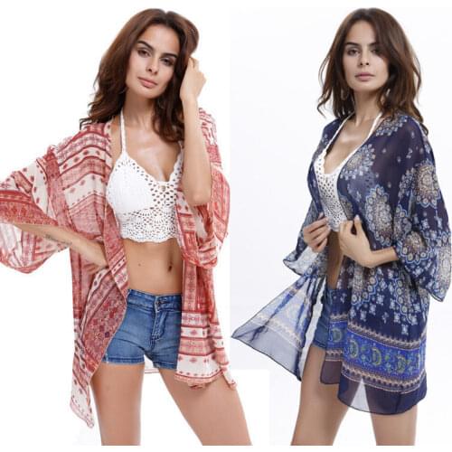 Summer Women Boho Chiffon Blouse Long Sleeve Cover Up Kimono Kaftan Beach Wear