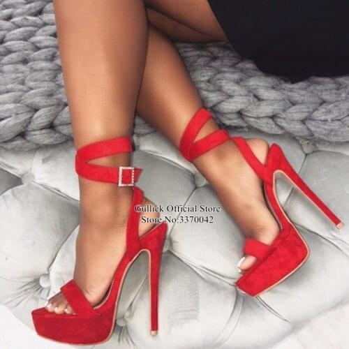 Fashion Red Suede Lace-up High Platform Sandals Peep Toe Cross Over Ankle Strap Summer Shoes Cut-out Stiletto Heels Sandals