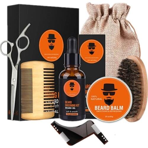 7Pcs/set Beard Growth Kit Barbe Hair Growth Enhancer Set Balm Beard Oil Scissors Comb With Travel Bag Facial Beard Care Kit