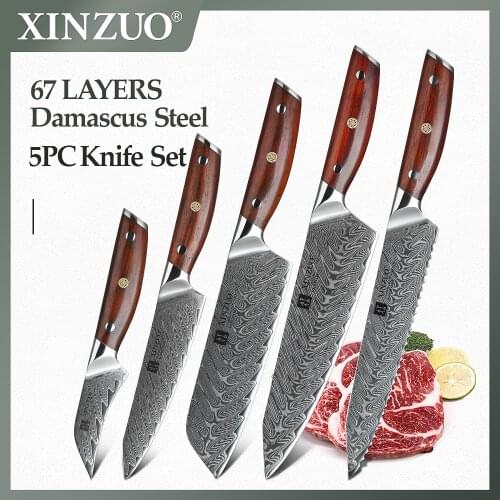 XINZUO 5 Piece Set Kitchen Knife High Carbon VG10 Damascus Stainless Steel Japanese Style Chef Bread Paring Santoku Knife