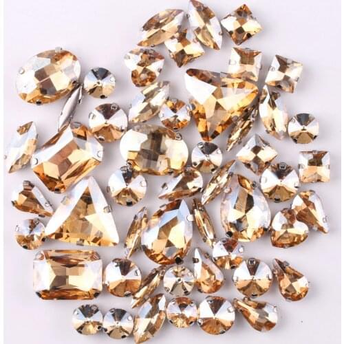 Silver claw setting 50pcs/bag shapes mix Champagne gold glass crystal sew on rhinestone wedding dress shoes bag diy trim