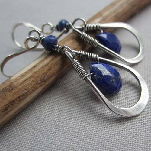 New Type of Ancient Silver Oxide Lapis Water Drop Earrings Hanging Thumping Blue Gemstone Jewelry Girls Trendy Party Accessories