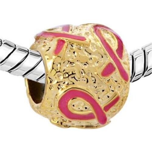 Charm breast cancer pink ribbon oval gilt fashion charm beads fit Pandora bracelet Holiday gift
