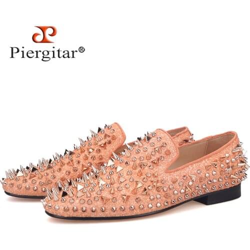 Piergitar 2021 Handmade Gold Spikes Flat For Party And Wedding Red Color Outsole Mens Loafers Luxurious Moccasin Plus Size