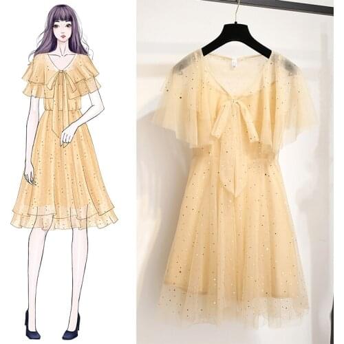 2pc A-line Geometric Sequin Bow Mini V-neck New Fairies French Minority Wears Super Sweet Beige Summer Dress Women Party Dresses