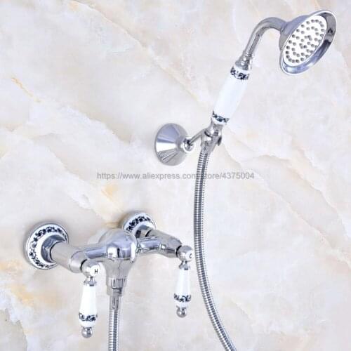 Polished Chrome Bathroom Shower Faucet Bath Faucet Mixer Tap With Hand Shower Head Set Wall Mounted Nna783
