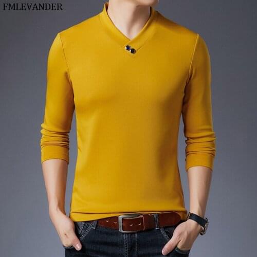 Casual Shirt Men Slim Long Sleeved Spring T-shirt Thin Solid Color V Neck tshirt Full Sleeve T Shirt