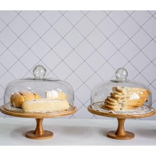 Bread Fruit Trial Plate with Glass Cover High Foot Cake Bamboo Tray Photo Display Shelf Snack Storage Stand Lid Set