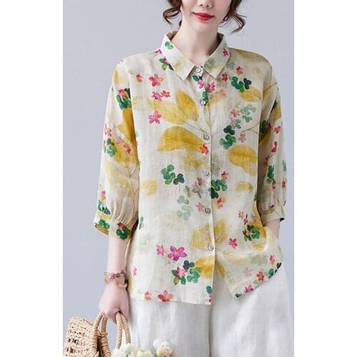 Women Cotton Linen Shirts 2021 Summer Casual Fashion Vintage Floral Print Half Sleeve Loose Oversized Lapel Tops Female