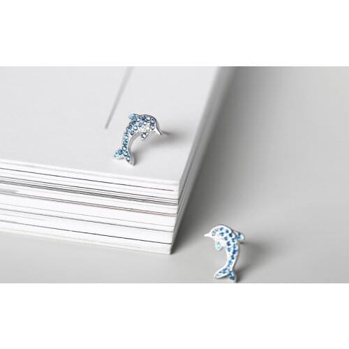 Simple Female Dolphin Animal Earrings Real 925 Sterling Silver Stud Earrings For Women Trendy Blue Zircon Small Wedding Earrings