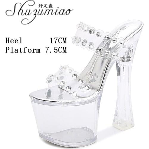 Sexy Model Show One Word Slides Women Nightclub 17 CM Transparent Crystal Platform Super High Heel Slippers New 2021 Clear Shoes