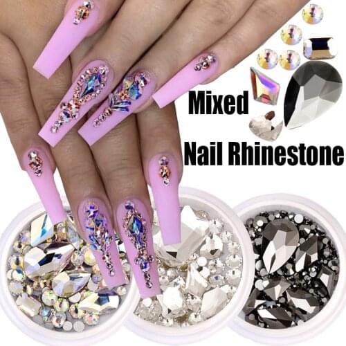 1Box 3D Crystal Nail Art Rhinestones Black White Clear All Color Flat Bottom Mixed Shape DIY Nail Art Decoration Nail Accesoires