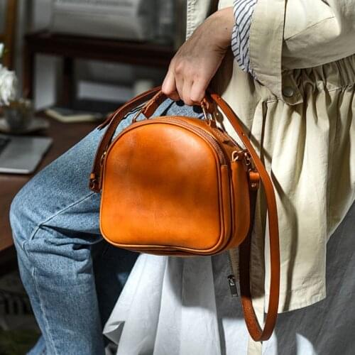 Fashion Vintage Genuine Leather Women Zipper Small Round Handbag Simple Natural Cowhide Female Shoulder Messenger Bag Sac A Main