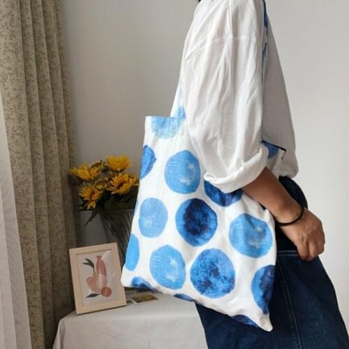 Summer Large Wave Point Thin Cotton Cloth Bag Blue Fresh Bubble Point Shoulder Canvas Bag Reuseable Shopping Tote Bag For Women