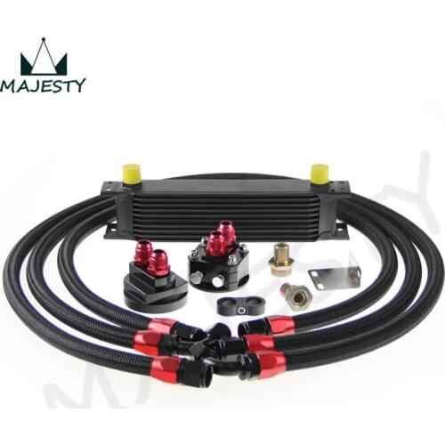 10 ROW ENGINE OIL COOLER UNIVERSAL + FILTER RELOCATION KIT + SS LINES BLACK