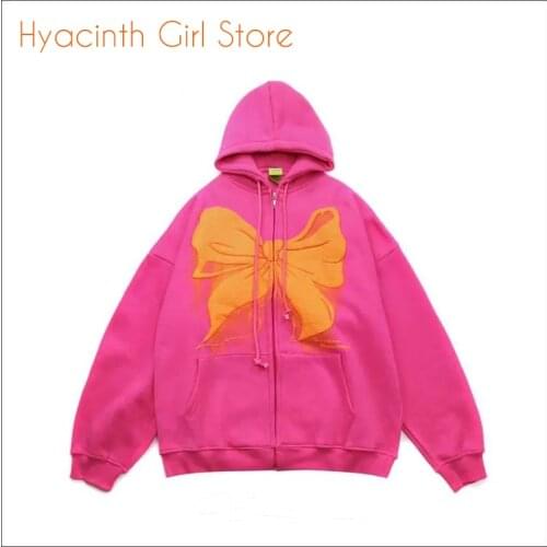 European and American street hot girls hand-painted bow loose hoodie lovers Harajuku zipper sweatshirt top autumn new style 2021