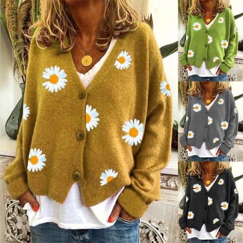 Womens Button Down Cardigan, Elegant Long Sleeve V Neck Floral Print Loose Knit Tops
