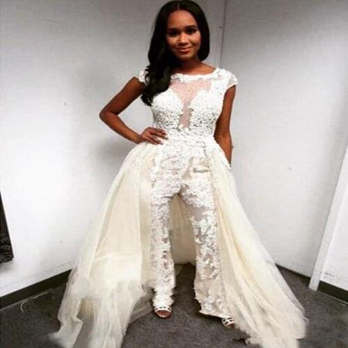 Women Jumpsuits Wedding Dresses White Appliqued Lace Detachable Train Bridal Gowns Ivory Tulle Bride Dress Overskirt Rob