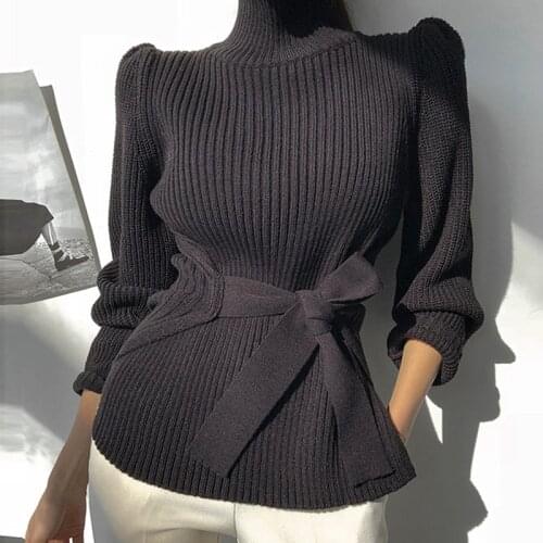 Womens Vintage Turtleneck Sweater Autumn Winter 2021 Side Split Pullovers Female Comfortable Knitwear Puff Sleeve Jumper