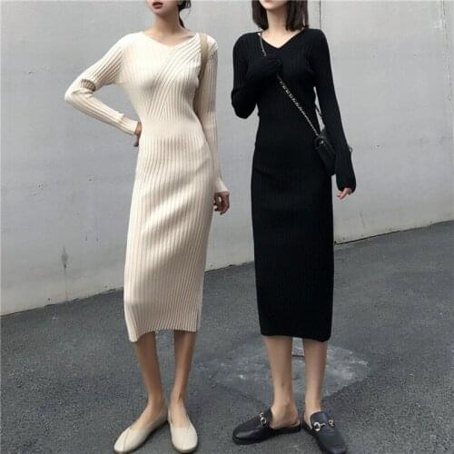 Knit Ribbing Dress 2021 Autumn Winter Vintage V-Neck Wrap Hip Slim Black Elegant Midi Dresses For Women Robe Femme