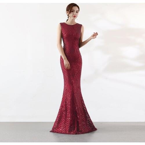 Long Mermaid Sequined Sleevelss Formal Evening Gown Burgundy Simple Round Neck Prom Dress for Party Elegant Red Appliques
