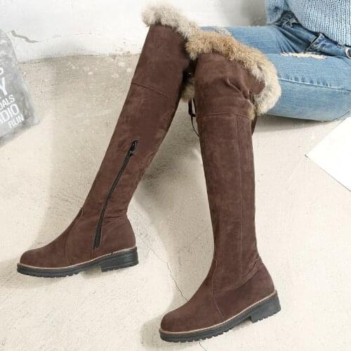 Winter Warm Ladies Over The Knee Boots Fashion Stitching Rabbit Fur Lace Up Zipper Long Boots Faux Suede Low Heel Womens Shoes