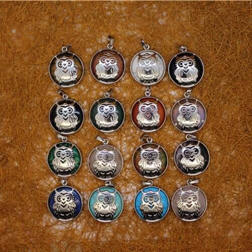 6pcs Natural Stone round pendant owl unakites Blue Turquoises mixed Healing Quartz Treat Crystal Charm for Jewelry Making Free