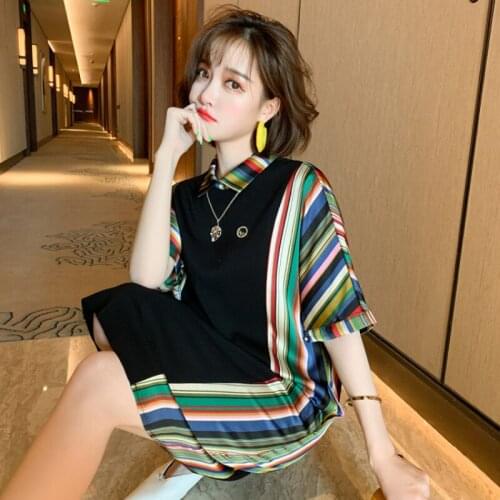 Awarose Patchwork Rainbow Stripes Loose Straight Lapel Casual Short Sleeve Summer Fashion Polo Dress for Women T-Shirt Dresses