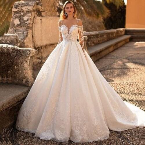 Church Ball Gown Wedding Dresses Long Sleeve Lace Bride Dress 2021 Spaghetti Straps Vintage Wedding Gowns Mariage