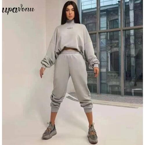 Free Shipping 2021 Womens Casual Solid Sweatpants Set High Neck Long Sleeve Loose Letter Pullover Sweater & Pants Two-Piece Set