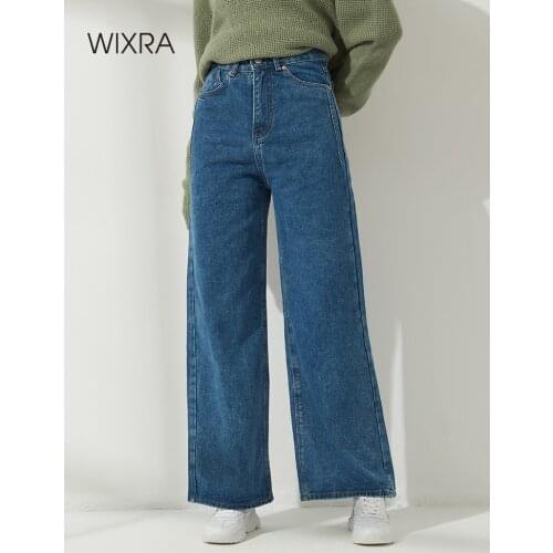 Wixra Women Denim Pants Casual Bottoms Cotton Wide-leg Jeans Trousers Autumn Spring High Waist Long Pants